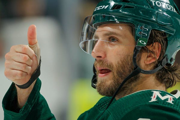 Ryan Hartman gives a thumbs up during the Minnesota Wild game against the Coyotes on Tuesday night.