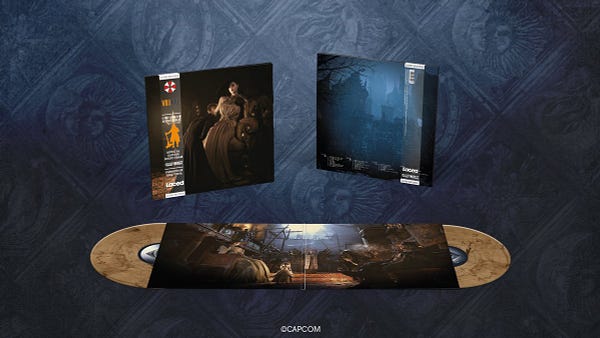 The Limited Edition Resident Evil Village double LP vinyl from Laced Records with ochre and black marble discs. The gatefold sleeve is laid out, showing artwork from the game.