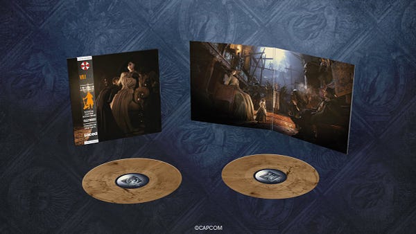 The Limited Edition Resident Evil Village double LP vinyl from Laced Records with ochre and black marble discs. The gatefold shows Mother Miranda and the Four Lords.