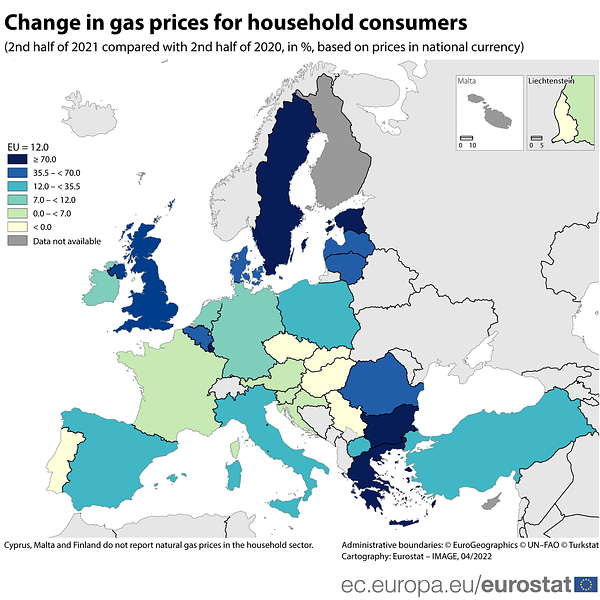 Map, change in gas prices for household consumers, second half of 2021 compared with the second half of 2020, in percentage based on prices in national currency
