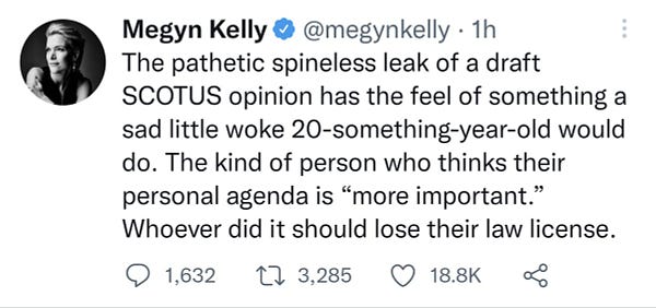 Screenshot of a tweet from an hour ago by Megyn Kelly that reads: "The pathetic spineless leak of a draft SCOTUS opinion has the feel of something a sad little woke 20-something-year-old would do. The kind of person who thinks their personal agenda is 'more important.' Whoever did it should lose their law license."
