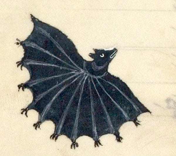 a medieval drawing of a bat whose body resembles half of a black umbrella with a hand at the end of each spoke. it has ten hands in total.