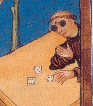 a medieval illustration of a monk wearing dark glasses and robes, throwing dice across a table with a devil-may-care look on his face