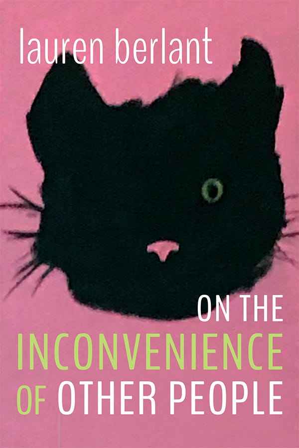Cover of On the Inconvenience of Other People by Lauren Berlant. The bright pink cover features a painted picture of the face of a black cat with one green eye open.