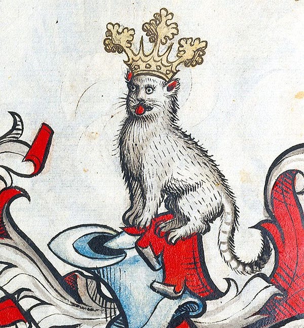 a medieval illustration of a white cat wearing a crown with its tongue sticking out and extremely round eyes