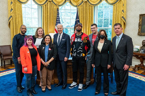 President Biden, Vice President Harris, and Sec. Walsh join grassroots labor organizers in the Oval Office. 