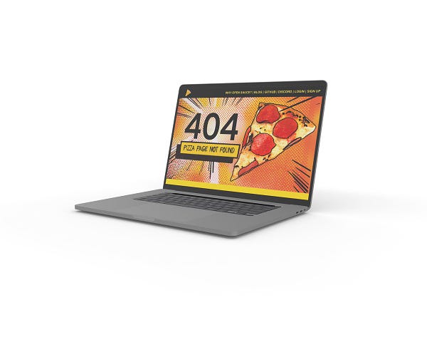 Laptop with 404 page displayed. It shows a pizza and the caption is “pizza not found”