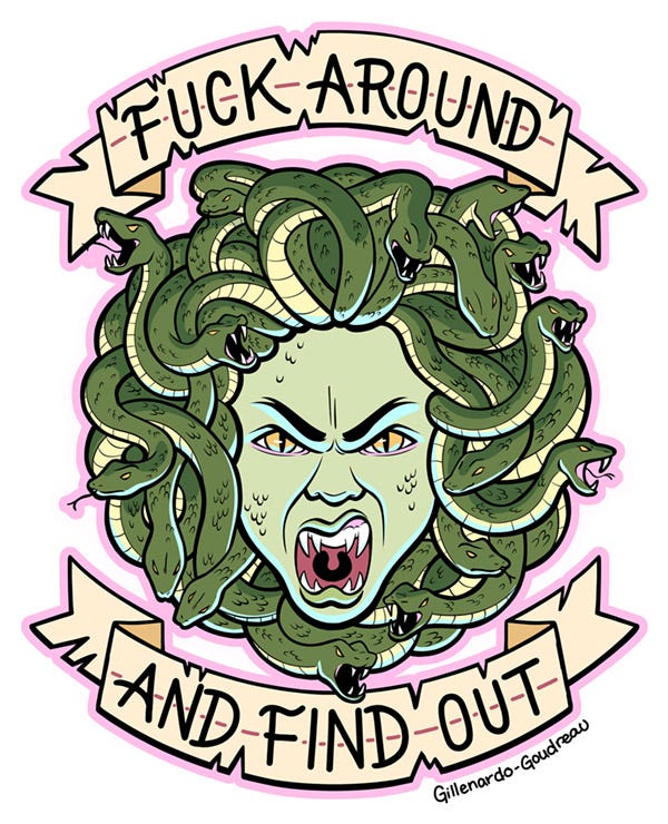 an illustration of medusa snarling at the viewer, with a banner above and below her head that says fuck around and find out