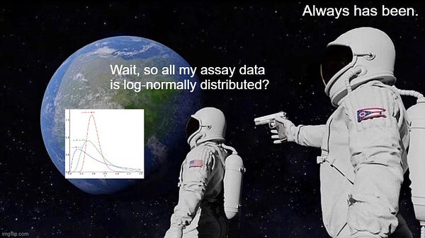 Always Has Been Meme. Astronaut 1, looking at a log-normal data plot on background of earth: "Wait, so all my assay data is log-normally distributed?" Astronaut 2, holding gun: "Always has been."