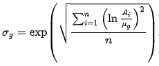 sigma_g = exp(sqrt(sum(i=1->n)(ln(Ai/mu_g)^2))/n))