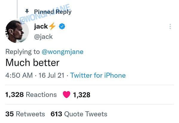 tweet showing “Pinned Reply”

the Tweet being shown is @jack’s reply to my Tweet: Much better