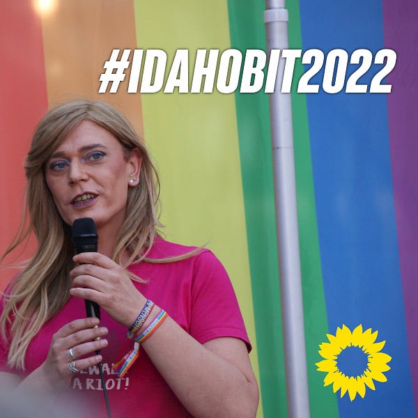 Tessa Ganserer hat ein pinkes T-Shirt an und spricht in ein Mikro. Im Hintergrund die Regenbogenflagge. Oben rechts ein weißer Schriftzug: #IDAHOBIT2022. Unten rechts ein Sonnenblumen-Symbol.