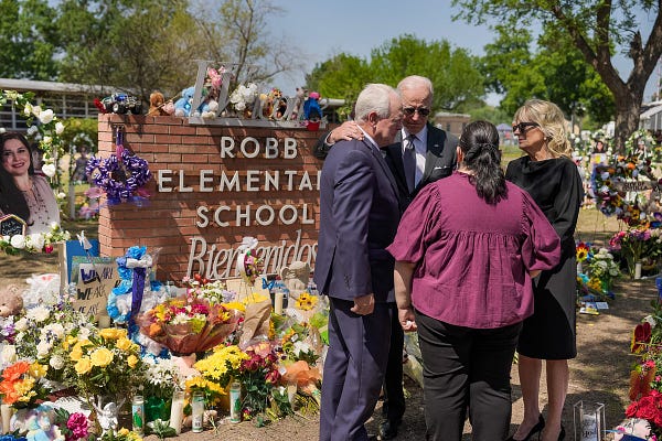 The President and First Lady speak with the school superintendent and principal at Robb Elementary in Uvalde, Texas.