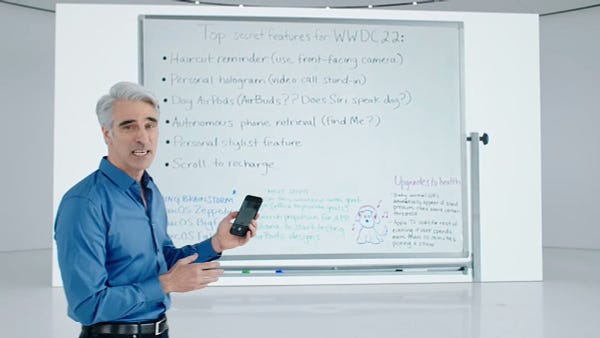 Screenshot of the WWDC keynote from 2021 with Craig Federighi demoing Live Text in front of a whiteboard. The following is written on the whiteboard.

Top scret feaetures for WWDC22:

- Haircut reminder (use front-facing camera)
- Personal hologram (video call stand-in)
- Dog AirPods (AirBuds?? Does Siri speak dog?)
- Autonomous phone retrieval (Find Me?)
- Personal stylist feature
- Scroll to recharge