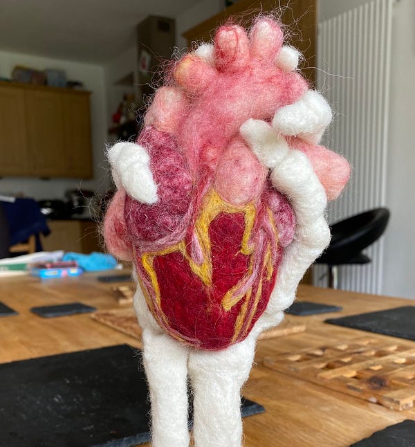 Felt sculpture of a bony hand holding an anatomical heart