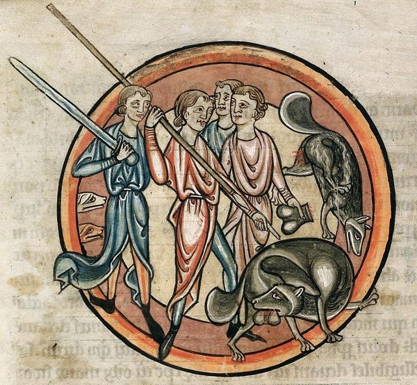 a medieval drawing of a beaver surrounded by a hunting party. the beaver is in the act of chewing off its own testicles. 