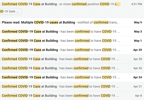 A group of emails over the course of a month that have Confirmed COVID-19 Case at Building