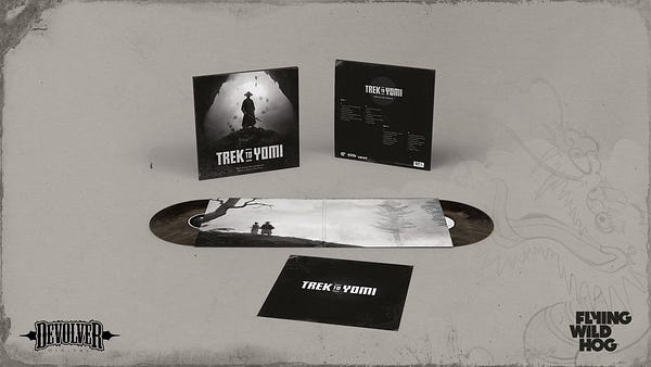 The Trek to Yomi double vinyl laid out with black and white artwork and grey and black discs.