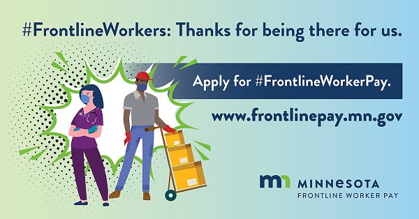 An animated health care worker and a delivery driver with text about applying for Minnesota Frontline Worker Pay.
