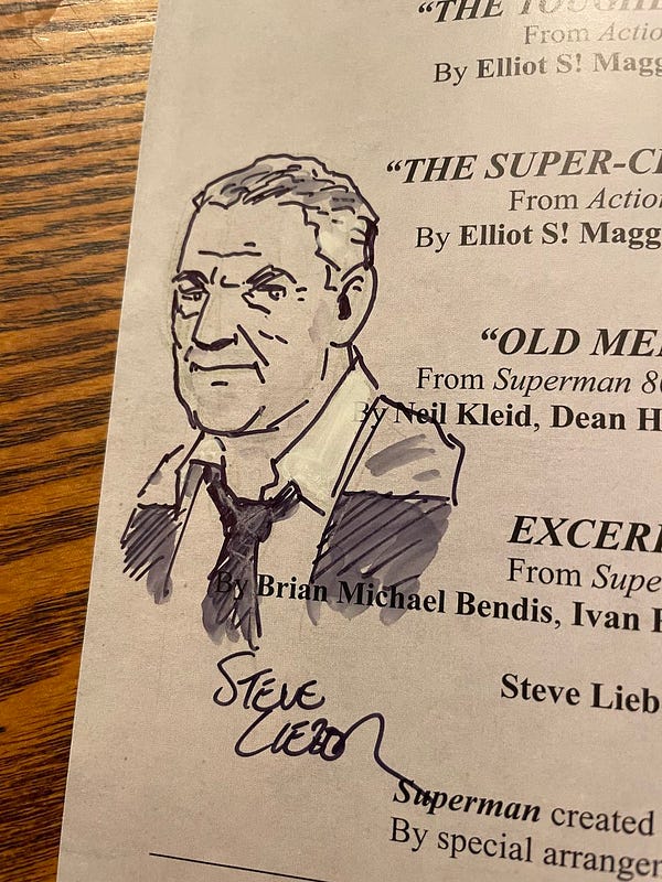 An ink and marker sketch with white highlights of Perry White, an aging newspaper editor with deep creases in his determined face, signed by Steve Lieber.