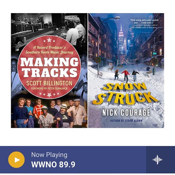 A screenshot of the page on wwno.org where you can stream The Reading Life segment that's linked in this tweet. It features the Snow Struck book cover (alongside Making Tracks by Scott Billington) and a "now playing" bar.
