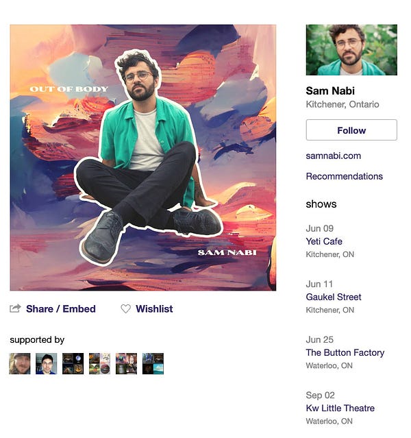 A screenshot of Sam Nabi's bandcamp page, which lists 4 shows: June 9th at the Yeti Cafe, June 11th at Gaukel Street, June 25th at the Button Factory, and September 2nd at the KW Little Theatre