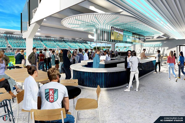 Image render of the new stadium's Concourse Club, featuring a 360 bar with TVs on both sides.
