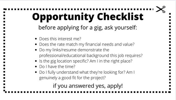screenshot of the following text: 
Opportunity Checklist
before applying for a gig, ask yourself: 
Does this interest me?
Does the rate match my financial needs and value?
Do my links/resume demonstrate the professional/educational background this job requires?
Is the gig location specific? Am I in the right place? 
Do I have the time? 
Do I fully understand what they're looking for? Am I genuinely a good fit for the project?

if you answered yes, apply!
