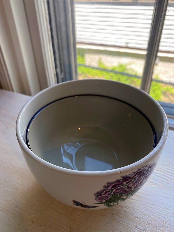 A smaller ceramic bowl stuck inside a taller soup bowl.