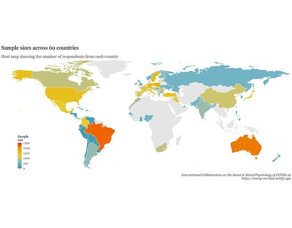 World map showing the sample size for each country