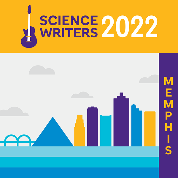 A square graphic with logomark Science Writers 2022 posed with an electric guitar. Accompanying illustration shows the Memphis skyline with outlines of the de Soto Bridge and the Great America Pyramid