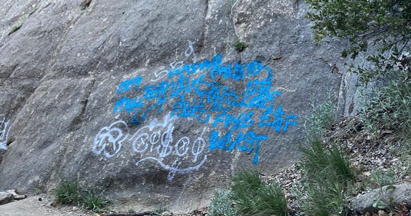 Blue and white tagging on granite, containing the words 559 and Fresno