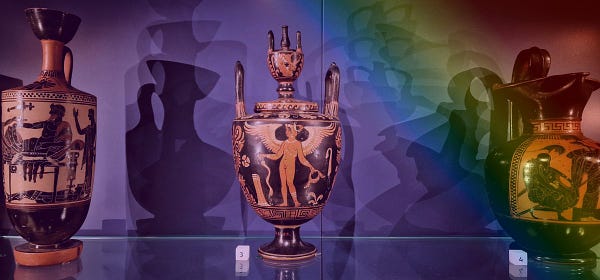 Lebes gamikos of pottery decorated in red figure style with two standing figures of Eros. A faint rainbow wash is across the image.