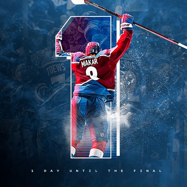 Graphic of the number one with Cale Makar standing in it. The text underneath reads "1 Day until the Final"