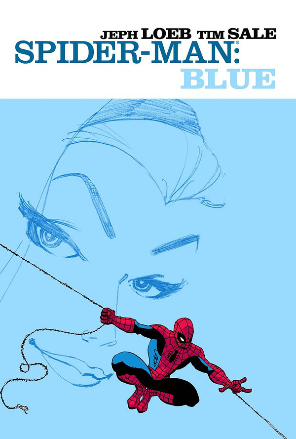 The cover art of Spider-Man: Blue by Jeph Loeb and Tim Sale. It features Spider-man swinging past a portrait of Gwen Stacy.