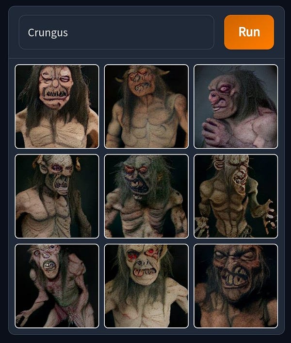 Ai generations of "crungus". Nine pictures of horrible goblin men