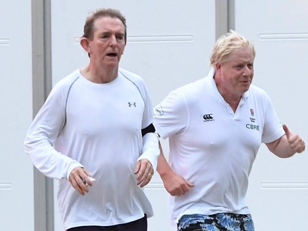 Tony Gallagher — an evil version of the Creature Comforts tortoise — running with Boris Johnson — a bin bag full of Vaseline with a Napoleon complex.