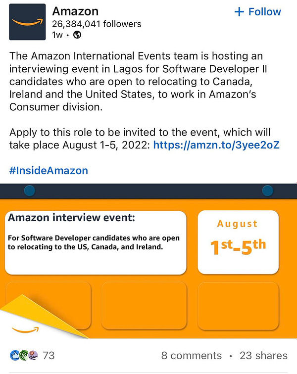 The Amazon International Events team is hosting an interviewing event in Lagos for Software Developer II candidates who are open to relocating to Canada, Ireland and the United States, to work in Amazon’s Consumer division.