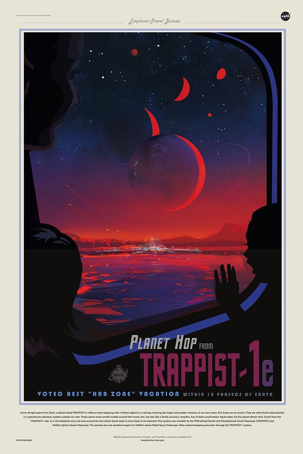 A travel poster for the exoplanet TRAPPIST-1e. A woman and children are gathered around a train window looking out excitedly. Through the window you can see six large exoplanets in the sky like giant moons. The inside of the train car is dark to better show the view outside, where everything is bathed in the red light from its red dwarf star. The sky is also filled with stars including the three-star line of Orion and the Leo constellation, which contains our yellow sun as a star. The poster says, ‘’Planet hop to TRAPPIST-1e, voted number1 habitable zone vacation spot.’’