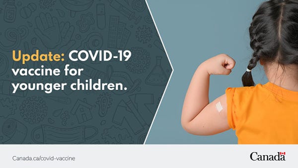 A little girl flexing her arm showing a bandage seen from behind. The image is overlaid with the text update: COVID-19 vaccine for younger children. 