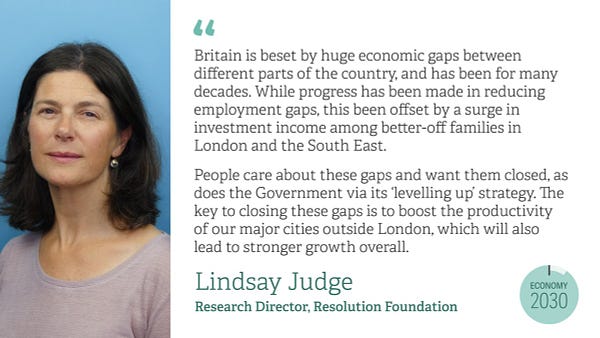 Britain is beset by huge economic gaps between different parts of the country, and has been for many decades. While progress has been made in reducing employment gaps, this been offset by a surge in investment income among better-off families in London and the South East. People care about these gaps and want them closed, as does the Government via its ‘levelling up’ strategy. The key to closing these gaps is to boost the productivity of our major cities outside London, which will also lead to stronger growth overall. - Lindsay Judge, Research Director, Resolution Foundation