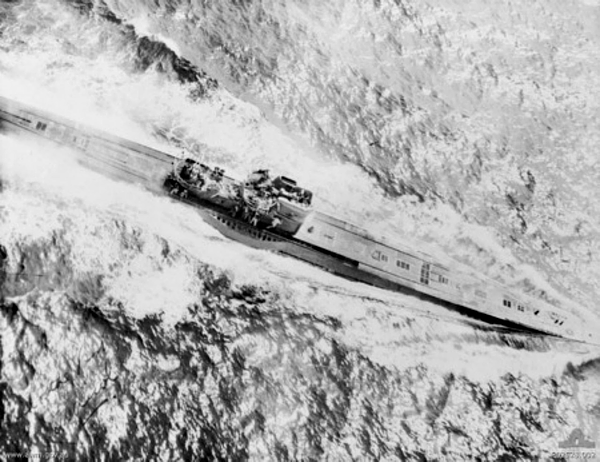 U-534 on the surface during the attack. There's surprisingly little evidence of any action here - no obvious tracer or splashes, just a doomed submarine making a run for it