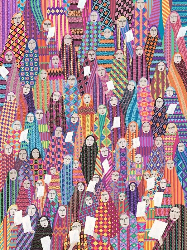 Artwork featuring lots of stylised female figures wearing differently patterned and coloured hijabs, the figures fill the picture plane, all are standing  facing forwards, most holding a piece of white paper