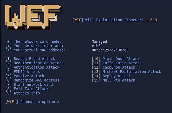 ⭕ SUPPORTED ATTACKS:
Deauthentication Attack
Authentication Attack
Beacon Flood Attack
PKMID Attack
EvilTwin Attack
Passive/Stealthy Attack
Pixie Dust Attack
Null Pin Attack
Chopchop Attack
Replay Attack
Michael Exploitation Attack
Caffe-Latte Attack
Jamming, Reading and Writing bluetooth connections
GPS Spoofing with HackRF

⭕ FEATURES:
☑️ Log generator

☑️ WPA/WPA2, WPS and WEP Attacks

☑️ Auto handshake cracking

☑️ Multiple templates for EvilTwin attack

☑️ Check monitor mode and it status

☑️ 2Ghz and 5Ghz attacks

☑️ Custom wordlist selector

☑️ Auto detect requirements

☑️ Bluetooth support (Jamming, Reading, Writing)
