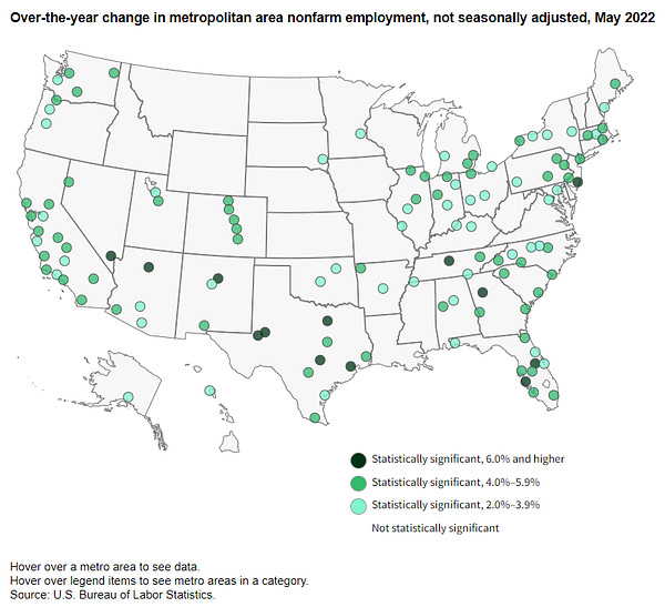Over-the-year change in metropolitan area nonfarm employment, not seasonally adjusted, May 2021 to May 2022