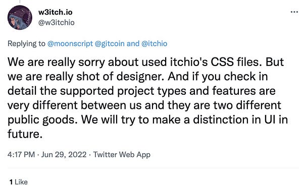 Tweet from w3itch.io: "We are really sorry about used itchio's CSS files. But we are really shot of designer. And if you check in detail the supported project types and features are very different between us and they are two different public goods. We will try to make a distinction in UI in future."
