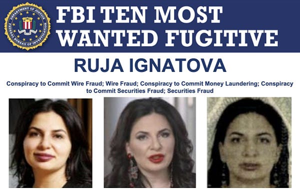 This image is a screenshot of a Federal Bureau of Investigation "FBI Ten Most Wanted Fugitive" poster about Ruja Ignatova.