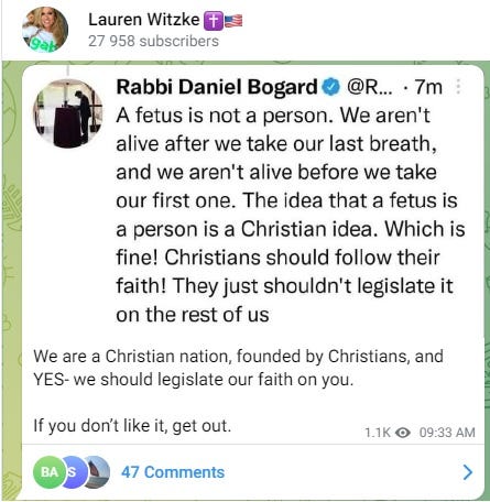 Telegram post from Lauren Witzke responding to a rabbi who opposes Christians imposing their religious views on the entire country. 
