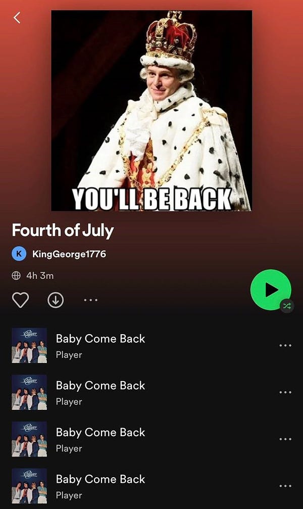 'Fourth of July' Spotify playlist, created by KingGeorge1776, featuring 4 hours and 3 minutes of Baby Come Back