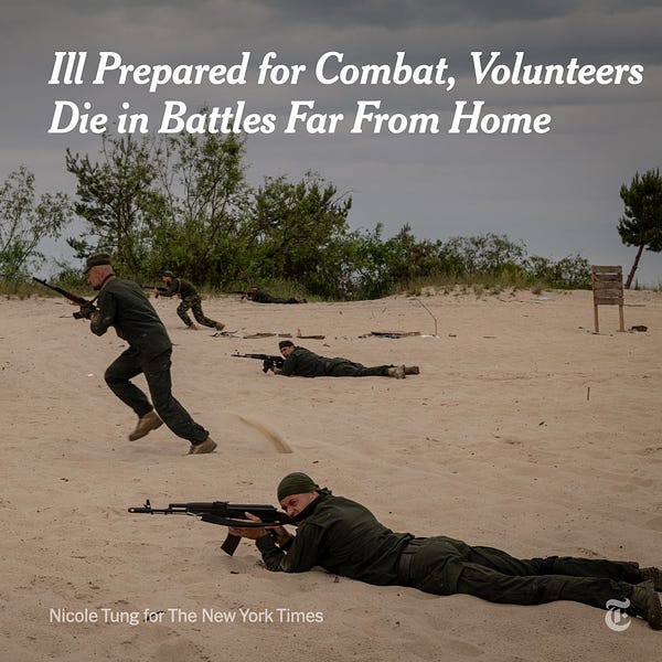 A military volunteer holding a rifle runs across a sand landscape while other men in uniform lie on the ground holding their rifles. Headline reads, "Ill Prepared for Combat, Volunteers Die in Battles Far From Home." Photo by Nicole Tung.